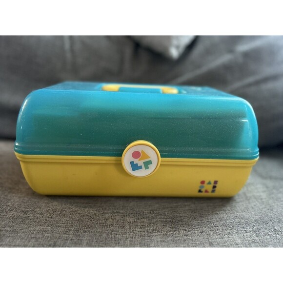 Caboodles Makeup Carrying Case Sparkle Teal Yellow Two Tier Mirror Tray Vintage - Picture 1 of 12